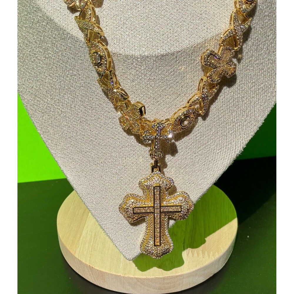 New Men Women Gold Tone Cross CZ Chain Necklace Hip Hop Rap Bling Cubic Zircon